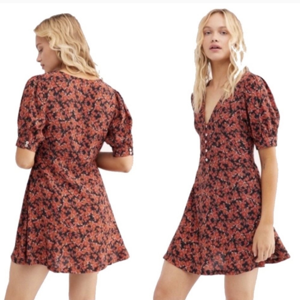 Free People Provence Floral Retro Bohemian Mini Dress CP Sleeve Flower Pattern